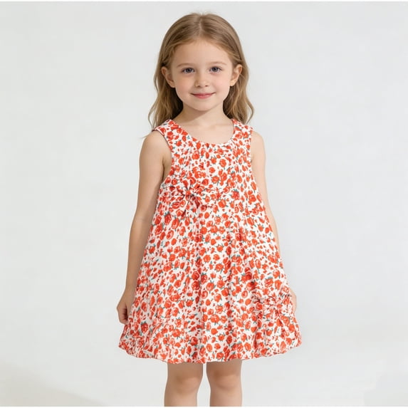 BLTIBY Baby Girls Dress Cute Printed Bowknot Crew Neck Sleeveless Bud Dresses Summer Casual Stylish Sundress Red 3-4 Years