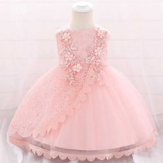 BLTIBY Baby Girls Dress Party Gown for Photo Shoot Soft Comfortable Elegant Flower Sleeveless Round Neck A Lined Dresses Pink 6-9 Months
