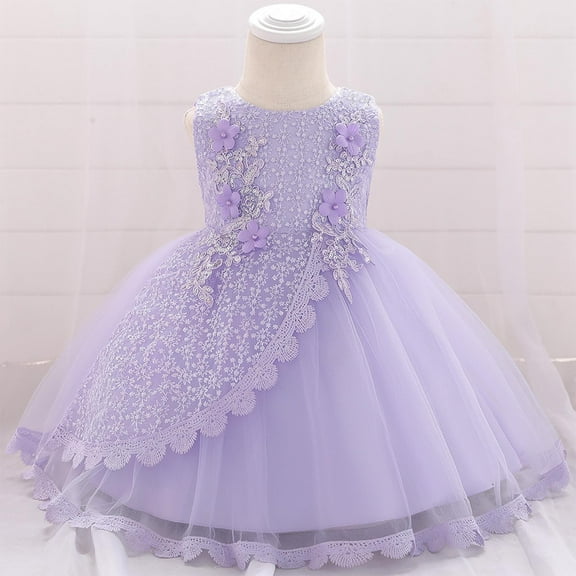 BLTIBY Baby Girls Dress Party Gown for Photo Shoot Soft Comfortable Elegant Flower Sleeveless Round Neck A Lined Dresses Purple 6-9 Months