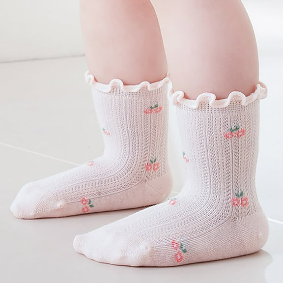 BLTIBY Baby Toddler Girls Boys Ruffle Sock Newborn Infant Child Mid-Calf Printed Cotton Grip Cute Socks Pink 0-1 Years