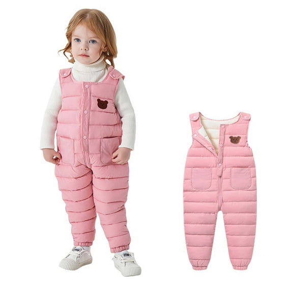 BLTIBY Baby Toddler Snow Bib Overalls Girls Boys Cotton Winter Fleece Thicked Warm Sleeceless Pants Fashion Skiing Bibs Romper with Pockets Pink 2 3-4 Years