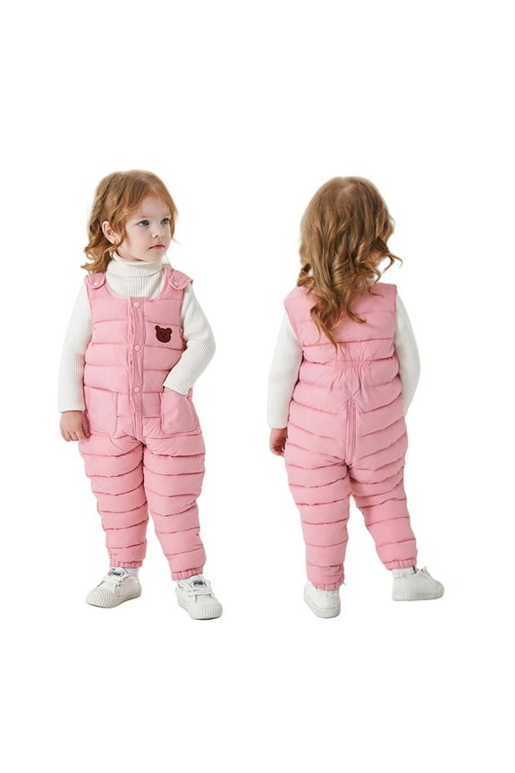 Baby Toddler Snow Bib Overalls Girls Boys Cotton Winter Fleece Thicked Warm Sleeceless Pants Fashion Skiing Bibs Romper with Pockets Pink 2-3 Years