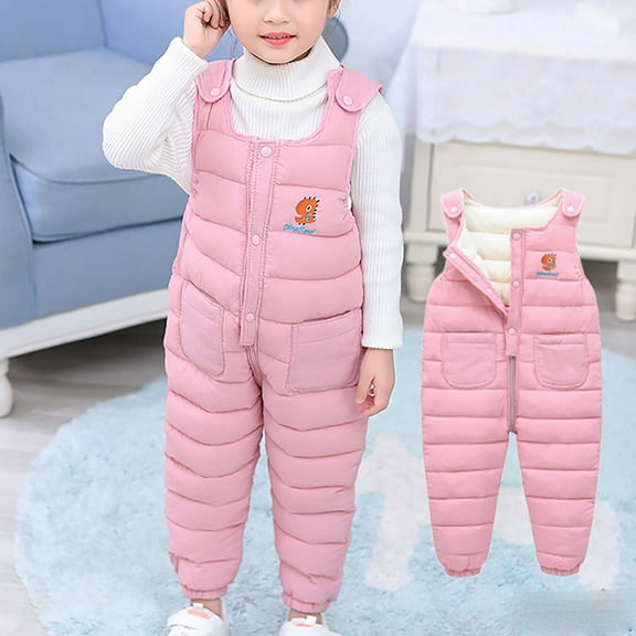 BLTIBY Baby Toddler Snow Bib Overalls Girls Boys Winter Fleece Thicked Warm Sleeceless Pants Fashion Skiing Bibs Romper with Pockets Pink 5-6 Years