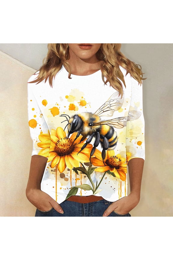 Bee Shirts for Women 3/4 Length Sleeve Tunic Tops Funny Cute Bee Graphic Tee Blouse Summer Casual Tshirt Ladies Gifts Pullover Tops 2025 Yellow 10 XL