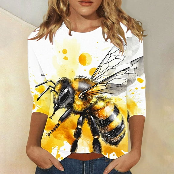BLTIBY Bee Shirts for Women 3/4 Length Sleeve Tunic Tops Funny Cute Bee Graphic Tee Blouse Summer Casual Tshirt Ladies Gifts Pullover Tops 2025 Yellow 3 5XL