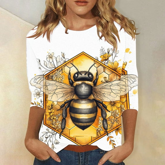 BLTIBY Bee Shirts for Women 3/4 Length Sleeve Tunic Tops Funny Cute Bee Graphic Tee Blouse Summer Casual Tshirt Ladies Gifts Pullover Tops 2025 Yellow 4 M