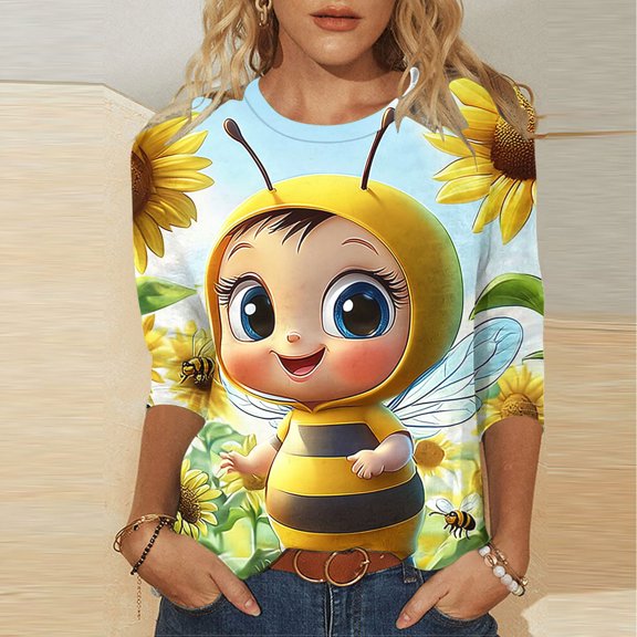 BLTIBY Bee Shirts for Women 3/4 Length Sleeve Tunic Tops Funny Cute Bee Graphic Tee Blouse Summer Casual Tshirt Ladies Gifts Pullover Tops Yellow 10 4XL