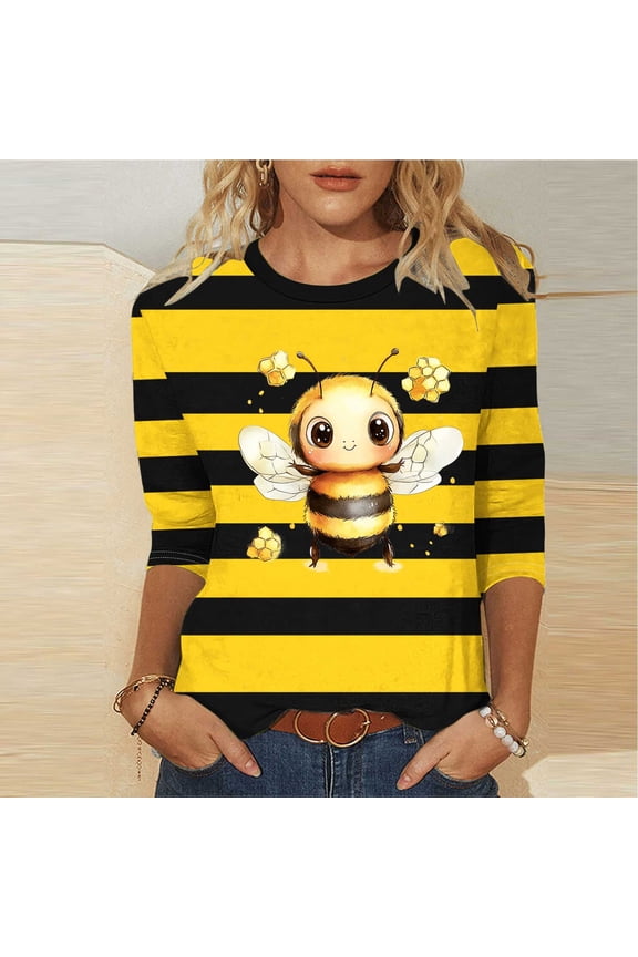 Bee Shirts for Women 3/4 Length Sleeve Tunic Tops Funny Cute Bee Graphic Tee Blouse Summer Casual Tshirt Ladies Gifts Pullover Tops Yellow 11 M