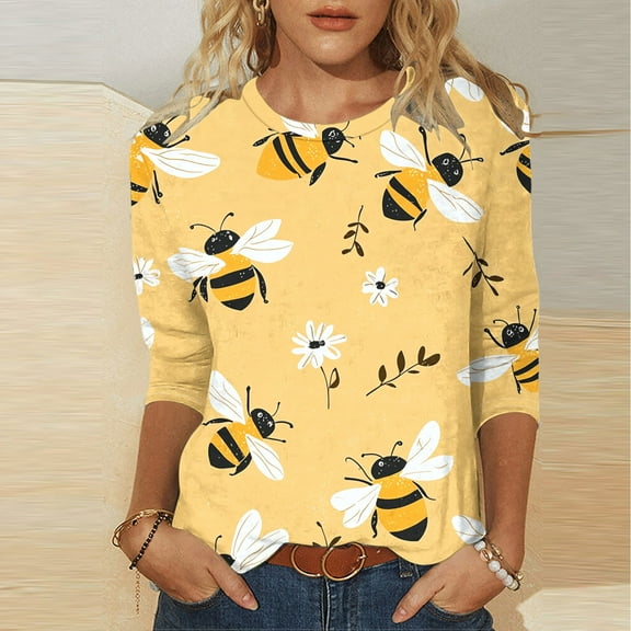 BLTIBY Bee Shirts for Women 3/4 Length Sleeve Tunic Tops Funny Cute Bee Graphic Tee Blouse Summer Casual Tshirt Ladies Gifts Pullover Tops Yellow XL