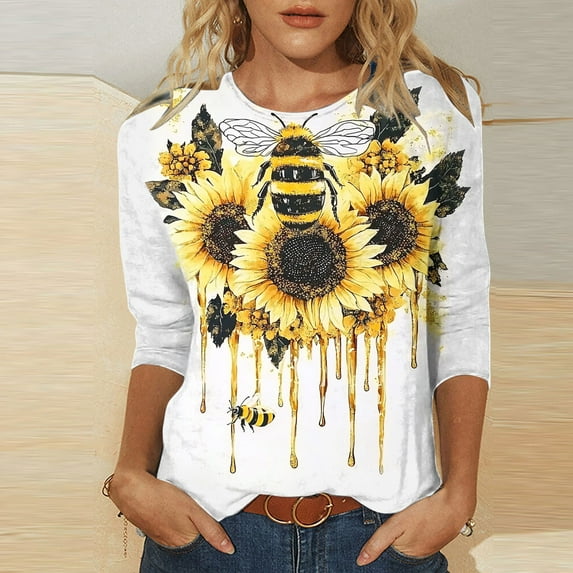 BLTIBY Bee Shirts for Women 3/4 Sleeve Tunic Tops Funny Cute Bee Graphic Tee Blouse Summer Casual Tshirt Ladies Gifts Pullover Top Yellow 3XL
