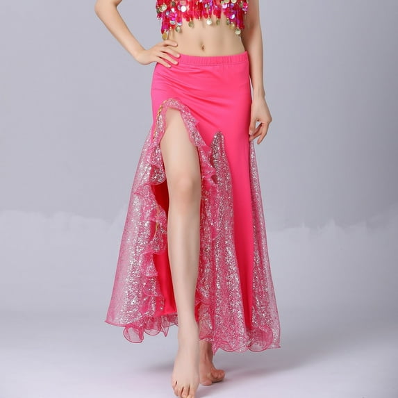BLTIBY Belly Dance Sequin Split Skirt for Women Dance Wrap Hip Skirt Ladies Stage Performance Long Dress Dance Practice Half Skirts Hot Pink Free Size