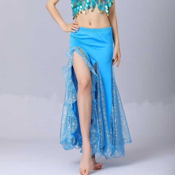 BLTIBY Belly Dance Sequin Split Skirt for Women Dance Wrap Hip Skirt Ladies Stage Performance Long Dress Dance Practice Half Skirts Blue Free Size