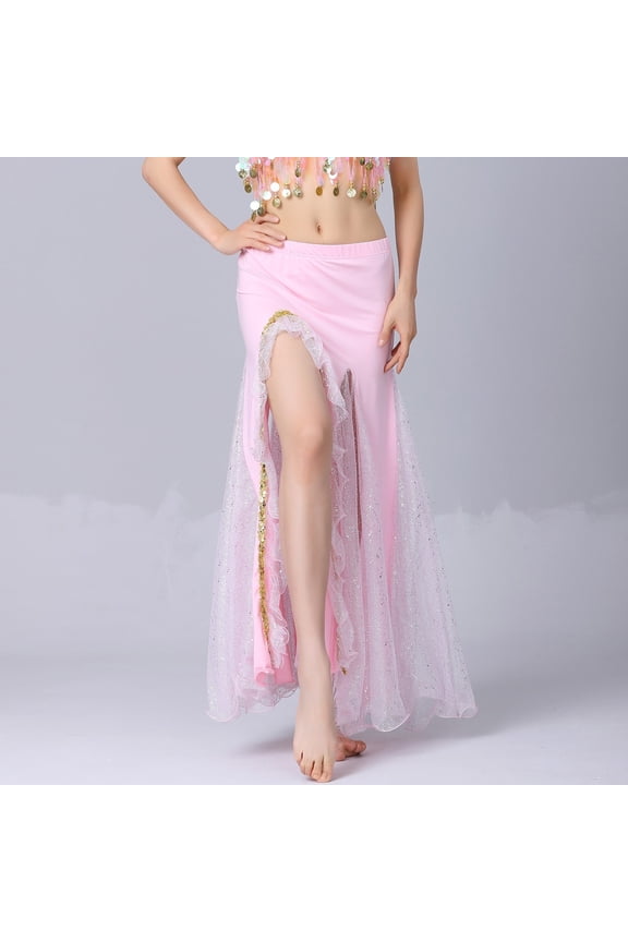Belly Dance Sequin Split Skirt for Women Dance Wrap Hip Skirt Ladies Stage Performance Long Dress Dance Practice Half Skirts Pink Free Size