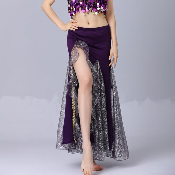 BLTIBY Belly Dance Sequin Split Skirt for Women Dance Wrap Hip Skirt Ladies Stage Performance Long Dress Dance Practice Half Skirts Purple Free Size