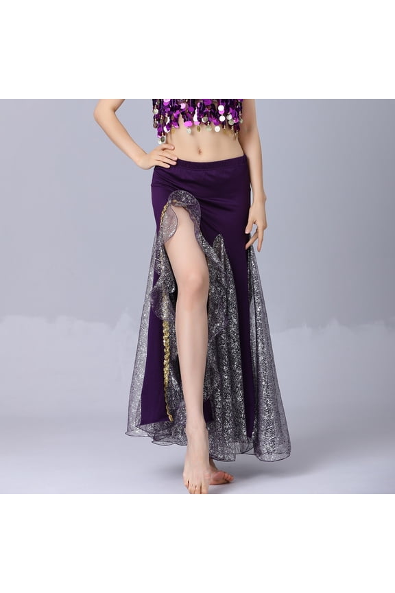Belly Dance Sequin Split Skirt for Women Dance Wrap Hip Skirt Ladies Stage Performance Long Dress Dance Practice Half Skirts Purple Free Size