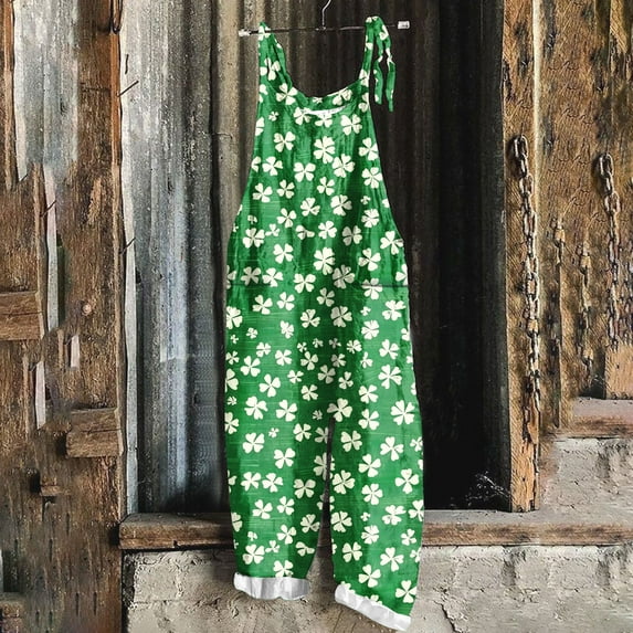 BLTIBY Bib Overalls for Women Adjustable Straps Jumpsuit St. Patrick's Day Printed Coveralls with Pockets Casual Loose Comfy Pants Green 5XL