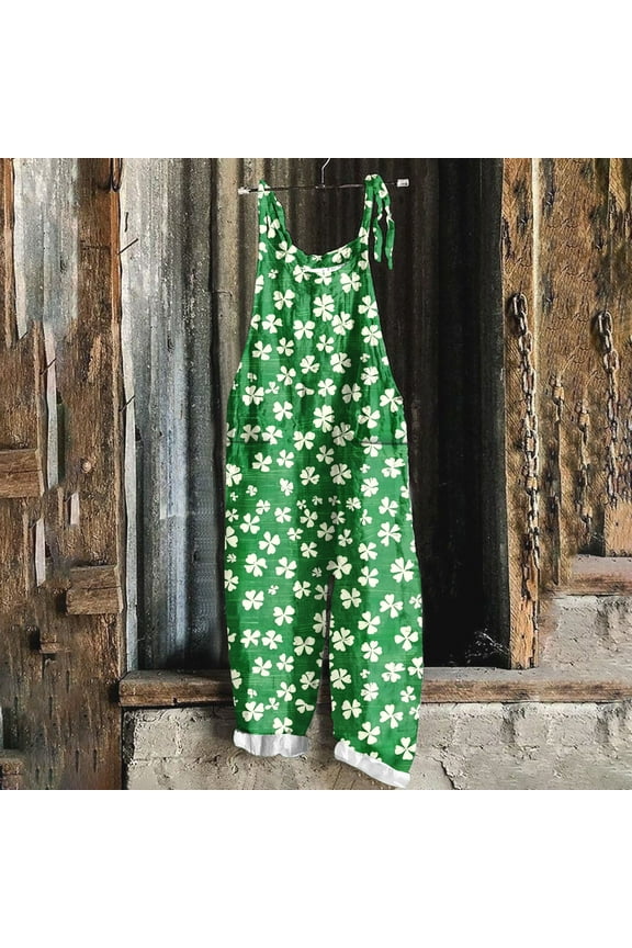 Bib Overalls for Women Adjustable Straps Jumpsuit St. Patrick's Day Printed Coveralls with Pockets Casual Loose Comfy Pants Green S