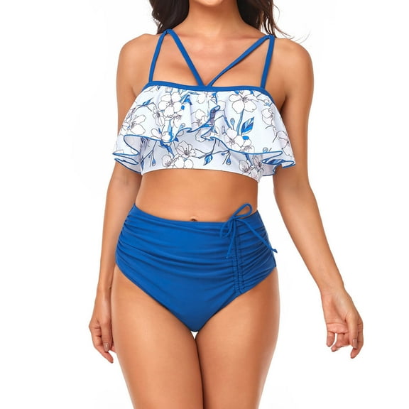 BLTIBY Bikini Set for Women Two Piece Swimsuits V Neck Low Rise Printed Spaghetti Straps Ruffled Tops with Shorts Fashion Bathing Suit Blue L