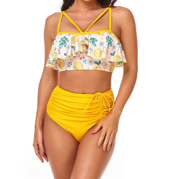 BLTIBY Bikini Set for Women Two Piece Swimsuits V Neck Low Rise Printed Spaghetti Straps Ruffled Tops with Shorts Fashion Bathing Suit Yellow S
