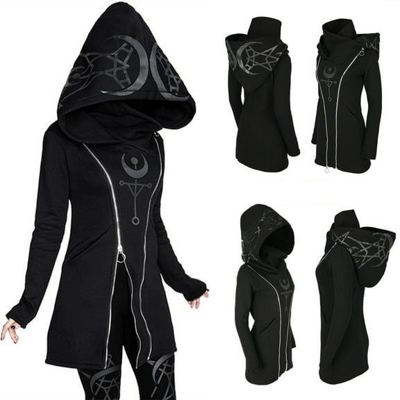 BLTIBY Black Punk Gothic Jacket for Women Hoodie Zip Up Witchcraft Moon Sweatshirt Coat Y2k Halloween Outwear Black 3XL