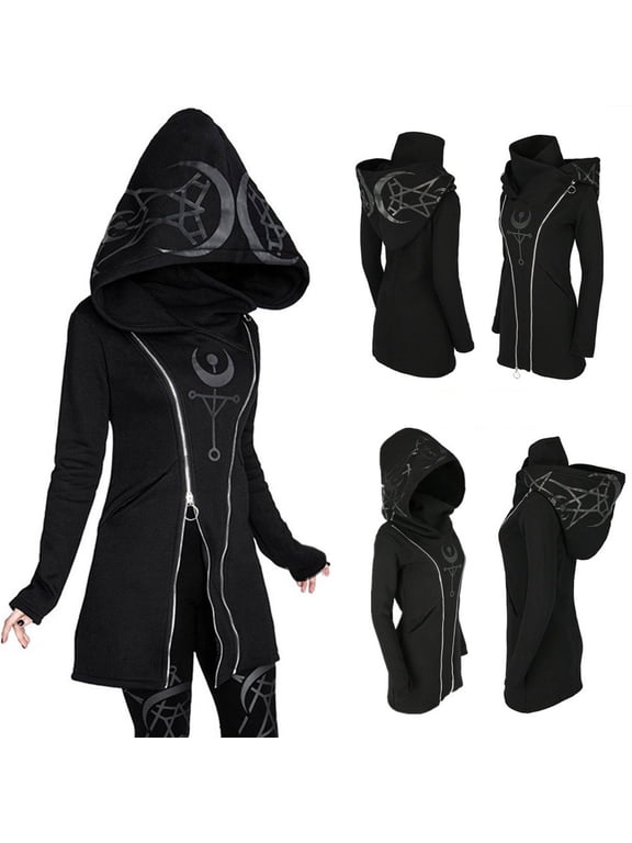 Black Punk Gothic Jacket for Women Hoodie Zip Up Witchcraft Moon Sweatshirt Coat Y2k Halloween Outwear Black 4XL