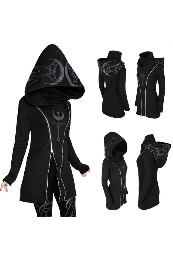 Black Punk Gothic Jacket for Women Hoodie Zip Up Witchcraft Moon Sweatshirt Coat Y2k Halloween Outwear Black XXL