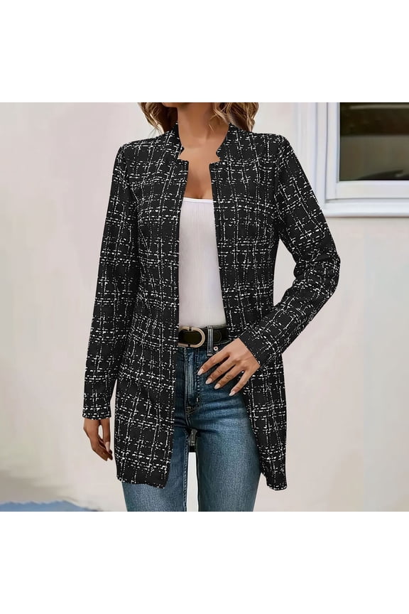 Blazer Cardigan Jacket for Women Fall Slim Notched Plaid Tweed Casual Lightweight Open Front Coat Elegant Fashion Outwear Black L