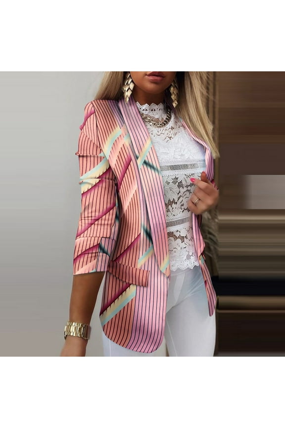 Blazer Jackets for Women Spring Autumn Printed Open Front Button Lapel Long Sleeve Casual Lightweight Blazers Pink XL