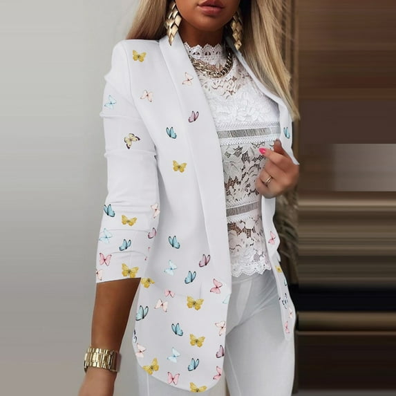 BLTIBY Blazer Jackets for Women Spring Autumn Printed Open Front Button Lapel Long Sleeve Casual Lightweight Blazers White M