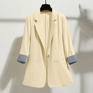 BLTIBY Blazer Jackets for Women Spring Autumn Solid Color Open Front Button Lapel 3/4 Sleeve Casual Work Office Blazers with Pockets Beige 3XL