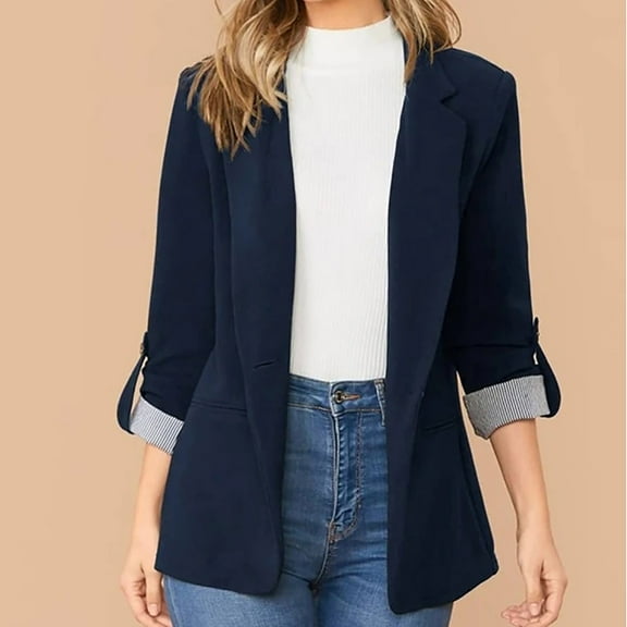 BLTIBY Blazer for Women Fall Business Fit Work Office Casual Solid-Color Striped Patchwork Lightweight Outfits One Button Lapel Jacket with Pockets Navy M