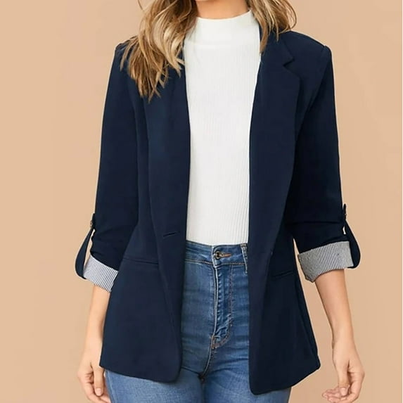 BLTIBY Blazer for Women Fall Business Fit Work Office Casual Solid-Color Striped Patchwork Lightweight Outfits One Button Lapel Jacket with Pockets Navy S