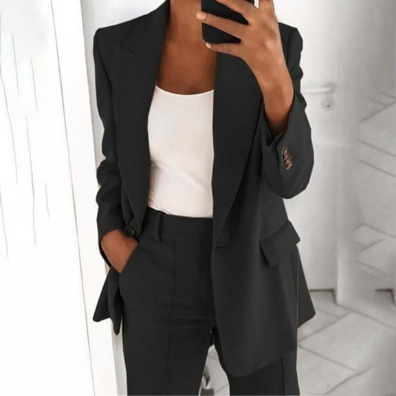 BLTIBY Blazer for Women Fall Business Fit Work Office Casual Lightweight Outwear One Button Lapel Jackets with Pockets Black XL