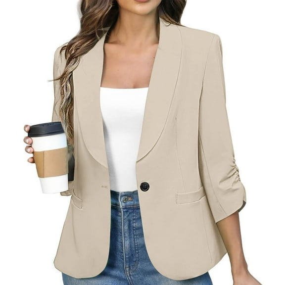 BLTIBY Blazer for Women Fall Business Fit Work Office Casual Lightweight Outwear Two Button Lapel Jackets with Pockets Beige XXL