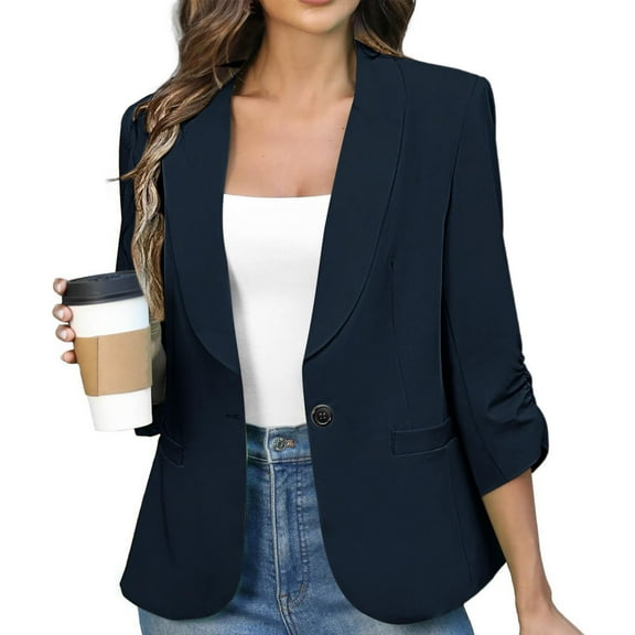 BLTIBY Blazer for Women Fall Business Fit Work Office Casual Lightweight Outwear Two Button Lapel Jackets with Pockets Navy L