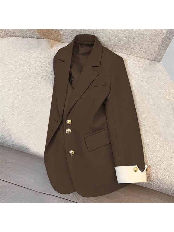 Blazer for Women Fall Business Fit Work Office Casual Solid Color Lightweight Outwear Three Button Lapel Jacket with Pockets Coffee S