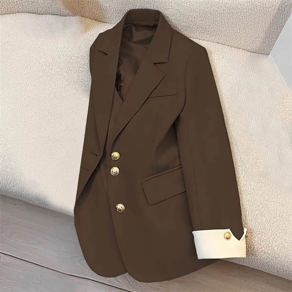 BLTIBY Blazer for Women Fall Business Fit Work Office Casual Solid Color Lightweight Outwear Three Button Lapel Jacket with Pockets Coffee XL