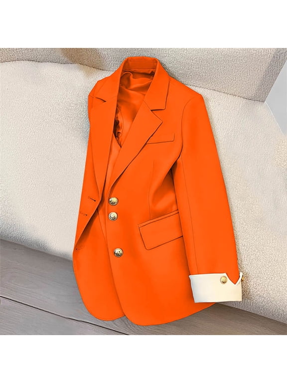 Blazer for Women Fall Business Fit Work Office Casual Solid Color Lightweight Outwear Three Button Lapel Jacket with Pockets Orange 3XL