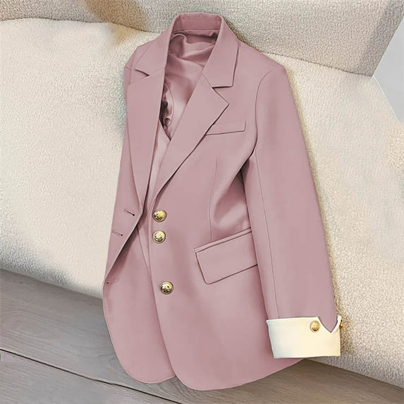BLTIBY Blazer for Women Fall Business Fit Work Office Casual Solid Color Lightweight Outwear Three Button Lapel Jacket with Pockets Pink L