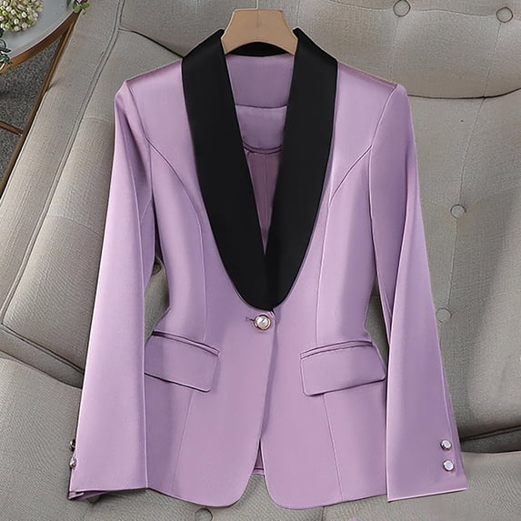 BLTIBY Blazer for Women Fall Business Fit Work Office Color-Blocked Casual Lightweight Outwear One Button Lapel Jackets with Pockets Purple 4XL