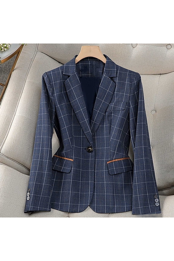 Blazer for Women Fall Business Fit Work Office Plaid Printed Casual Lightweight Outwear One Button Lapel Jackets with Pockets Blue S