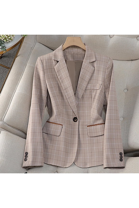 Blazer for Women Fall Business Fit Work Office Plaid Printed Casual Lightweight Outwear One Button Lapel Jackets with Pockets Khaki M