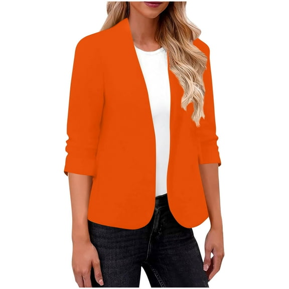 BLTIBY Blazers Cardigan for Women Fall Business Casual Solid Color Lightweight Outwear Open Front Jackets Orange 3XL