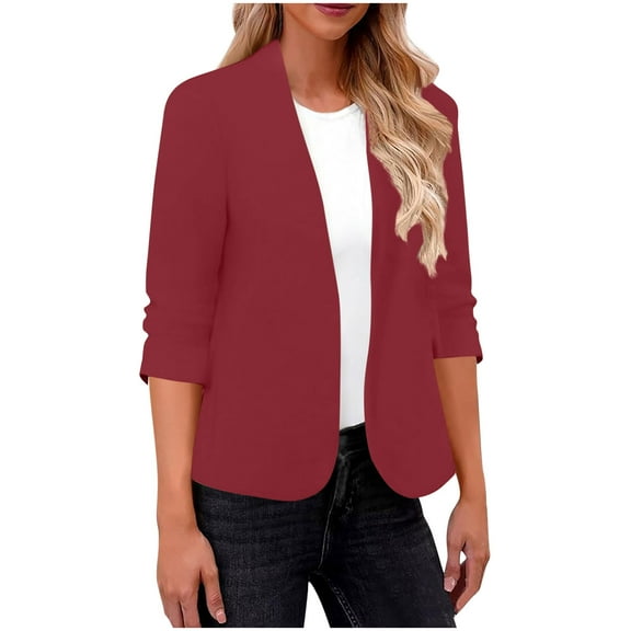 BLTIBY Blazers Cardigan for Women Fall Business Casual Solid Color Lightweight Outwear Open Front Jackets Wine XL
