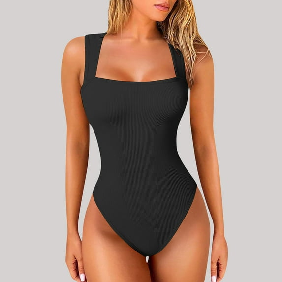 BLTIBY Bodysuit for Women Tummy Control Solid Color Shapewear Seamless Backless Workout Bodycon One Piece Thong Jumpsuits Black S