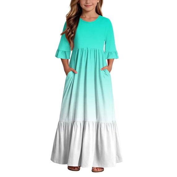 BLTIBY Boho Dresses for Girls Gradient Print Crew Neck Maxi Dress Summer Dresses with Pockets Mint Green 4 13-14 Years