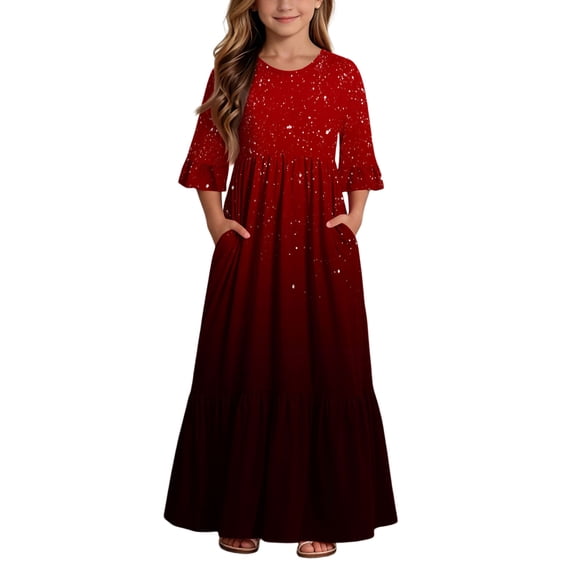 BLTIBY Boho Dresses for Girls Gradient Print Crew Neck Maxi Dress Summer Dresses with Pockets Wine 5-6 Years