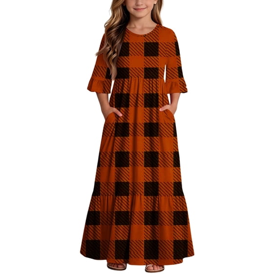 BLTIBY Boho Dresses for Girls Plaid Printed Crew Neck Maxi Dress Summer Home Dresses with Pockets Orange 13-14 Years