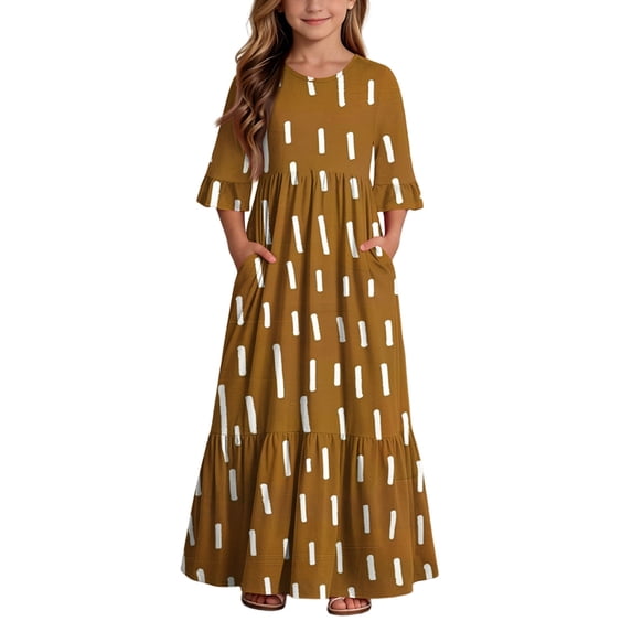 BLTIBY Boho Dresses for Girls Print Crew Neck Maxi Dress Summer Home Dresses with Pockets Brown 5-6 Years