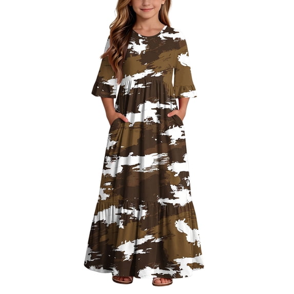 BLTIBY Boho Dresses for Girls Printed Crew Neck Maxi Dress Summer Home Dresses with Pockets Brown 13-14 Years